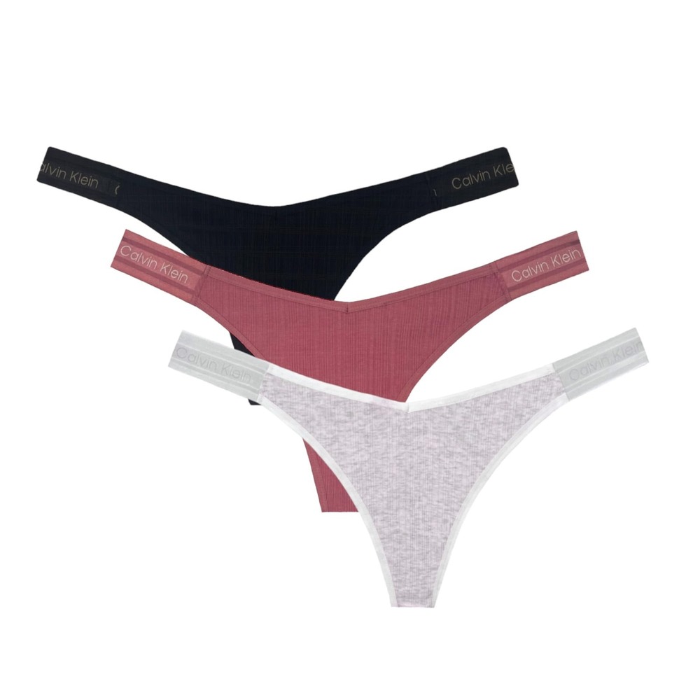 Calvin Klein Thong Women L Black New Refined Rib Logo 3 Pack QP2943Y
